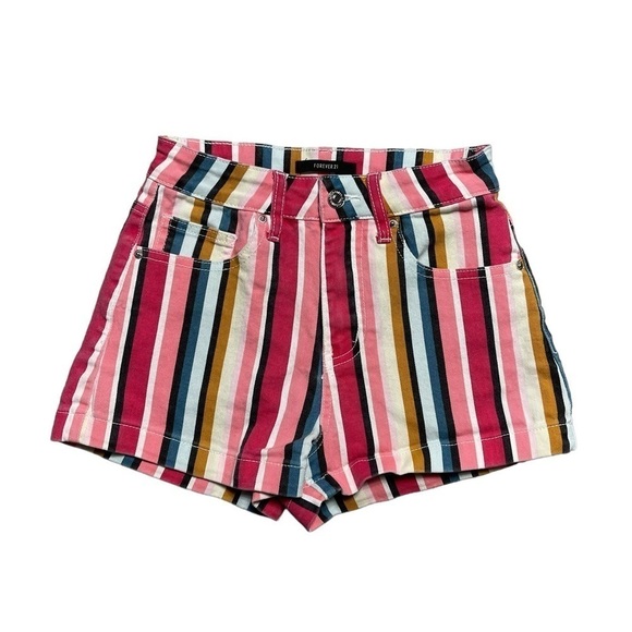 Forever 21 Multi Colored Striped Denim Mid Rise Shorts S - Picture 1 of 6